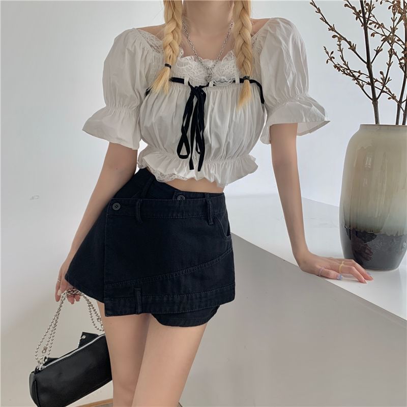 High Waist Asymmetrical Denim Skort