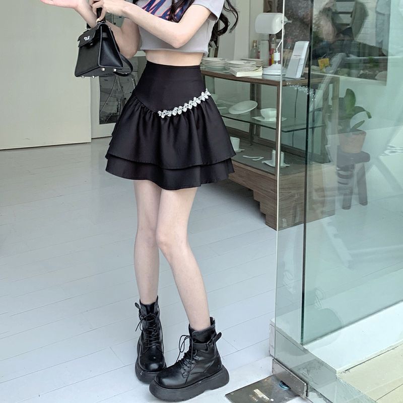High Mini Plain A-Line Skirt Rise Rhinestone