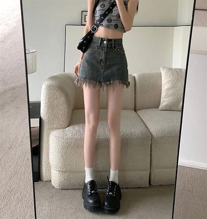 High Waist Pencil Mini Fringed Skirt Hem Denim