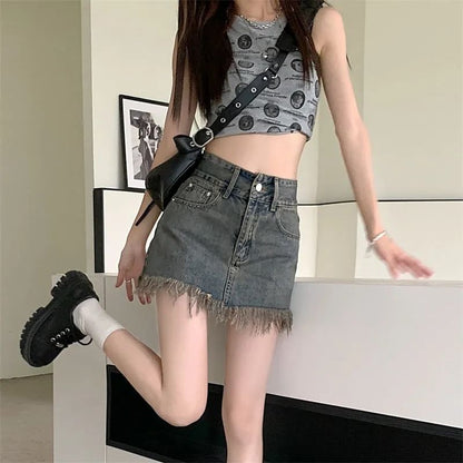 High Waist Pencil Mini Fringed Skirt Hem Denim