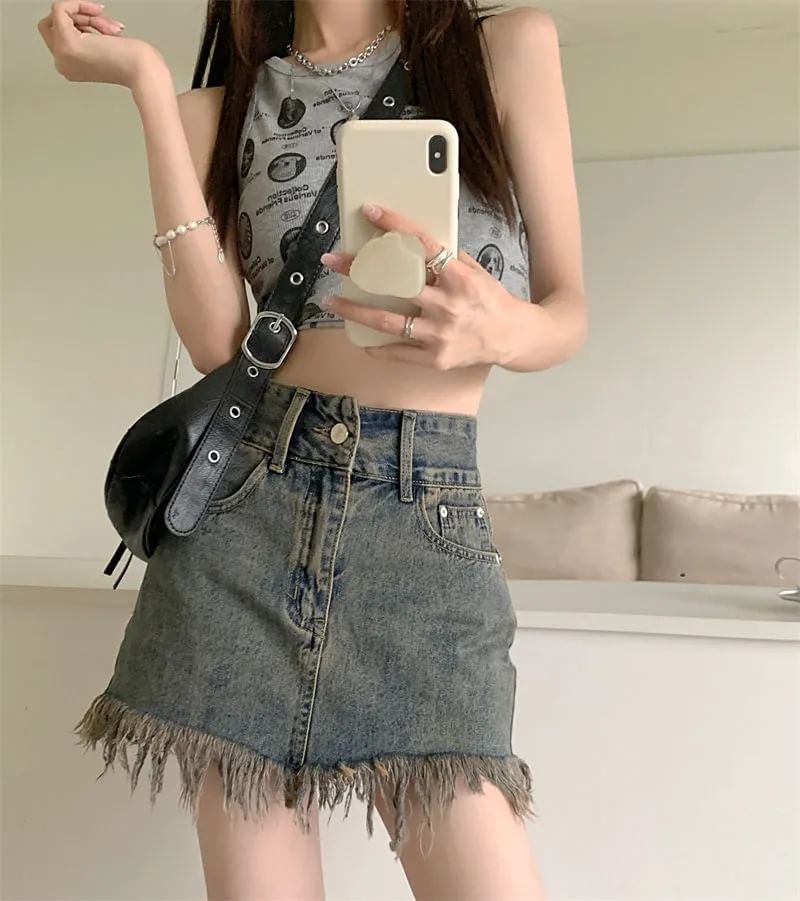 High Waist Pencil Mini Fringed Skirt Hem Denim