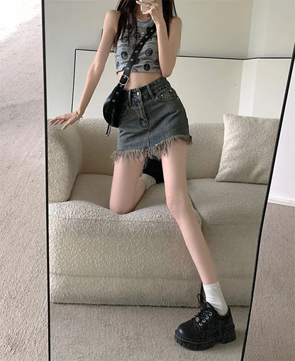 High Waist Pencil Mini Fringed Skirt Hem Denim