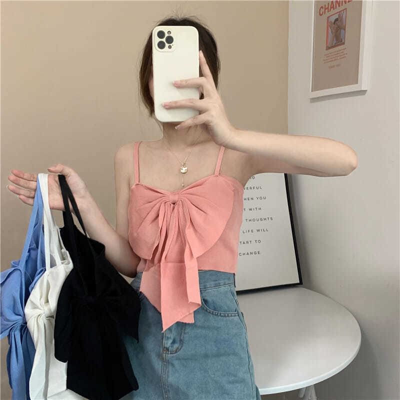 Plain Cropped Camisole Bow Top