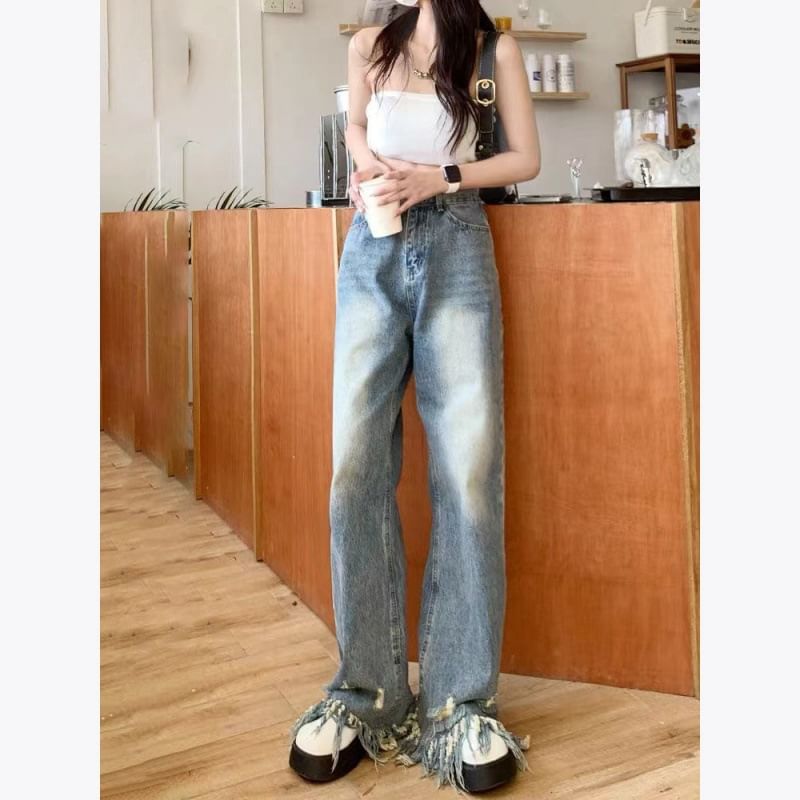 Leg High Wide Ripped Waist Jeans