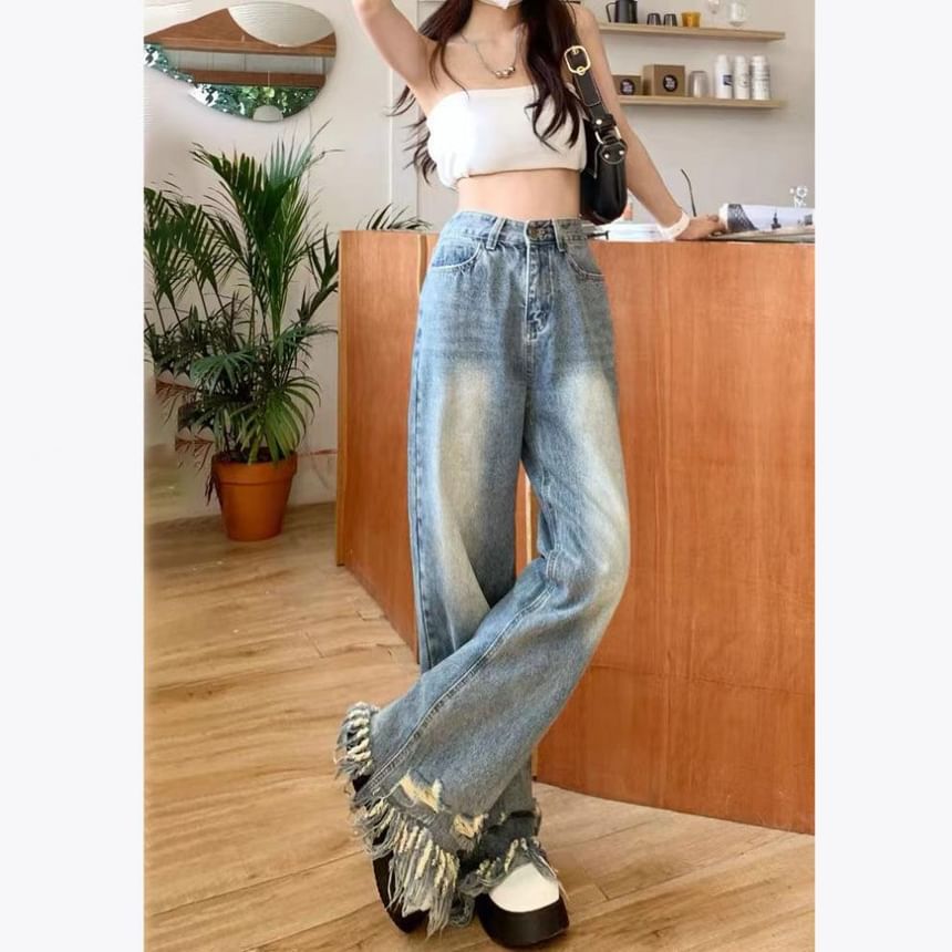 Leg High Wide Ripped Waist Jeans