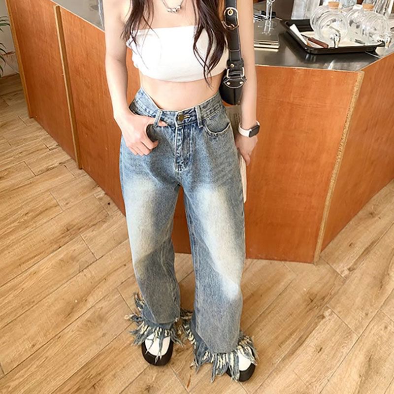 Leg High Wide Ripped Waist Jeans