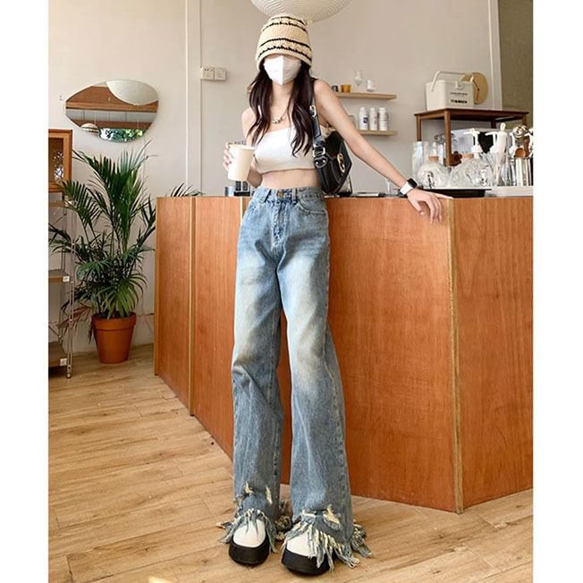 Leg High Wide Ripped Waist Jeans