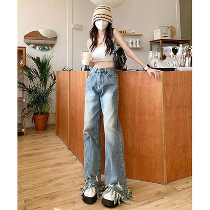 Leg High Wide Ripped Waist Jeans