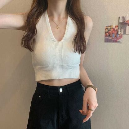 Halter Cropped Knit V-Neck Top Plain