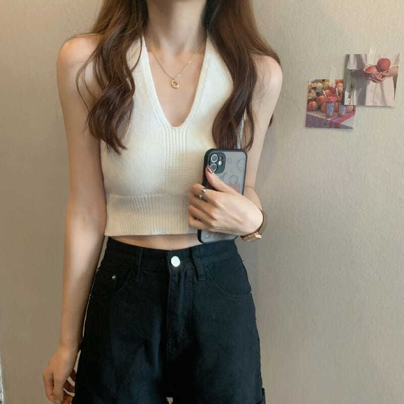 Halter Cropped Knit V-Neck Top Plain