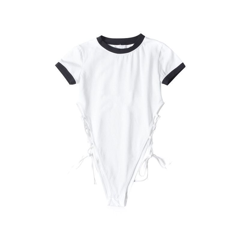 Short-Sleeve Lace-Up Crew Top Plain Neck Bodysuit