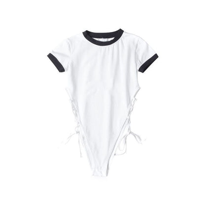 Short-Sleeve Lace-Up Crew Top Plain Neck Bodysuit