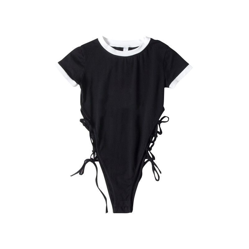Short-Sleeve Lace-Up Crew Top Plain Neck Bodysuit