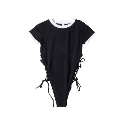 Short-Sleeve Lace-Up Crew Top Plain Neck Bodysuit