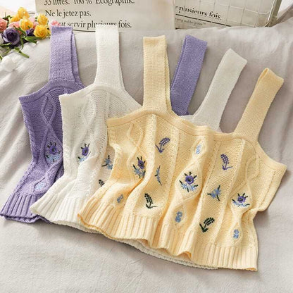 Knit Camisole Cropped Top Embroidered Flower