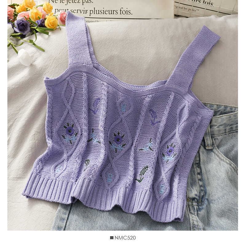 Knit Camisole Cropped Top Embroidered Flower