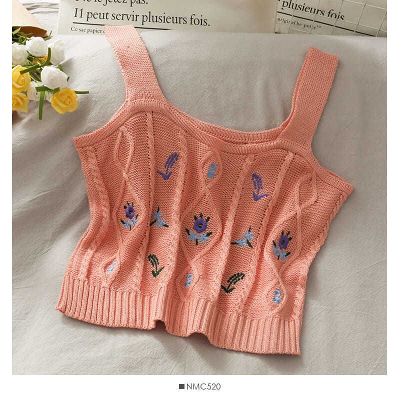 Knit Camisole Cropped Top Embroidered Flower