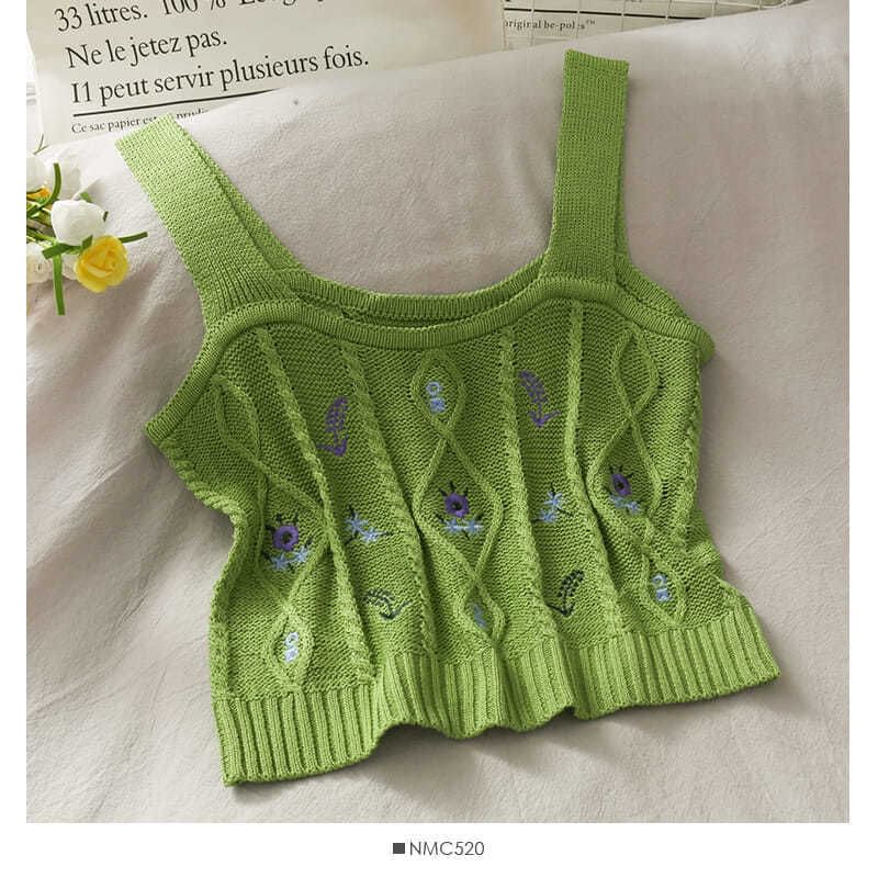 Knit Camisole Cropped Top Embroidered Flower