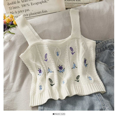 Knit Camisole Cropped Top Embroidered Flower