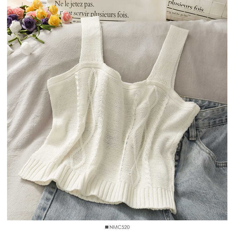 Knit Camisole Cropped Top Embroidered Flower