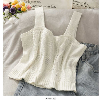 Knit Camisole Cropped Top Embroidered Flower