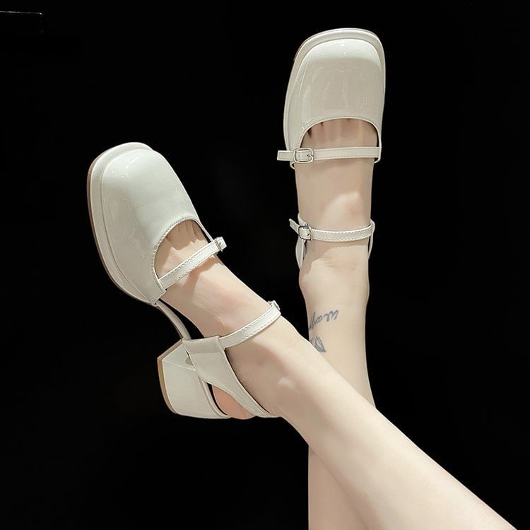 Slingback Block Toe Square Leather Heel Mary Patent Jane Pumps D'Orsay