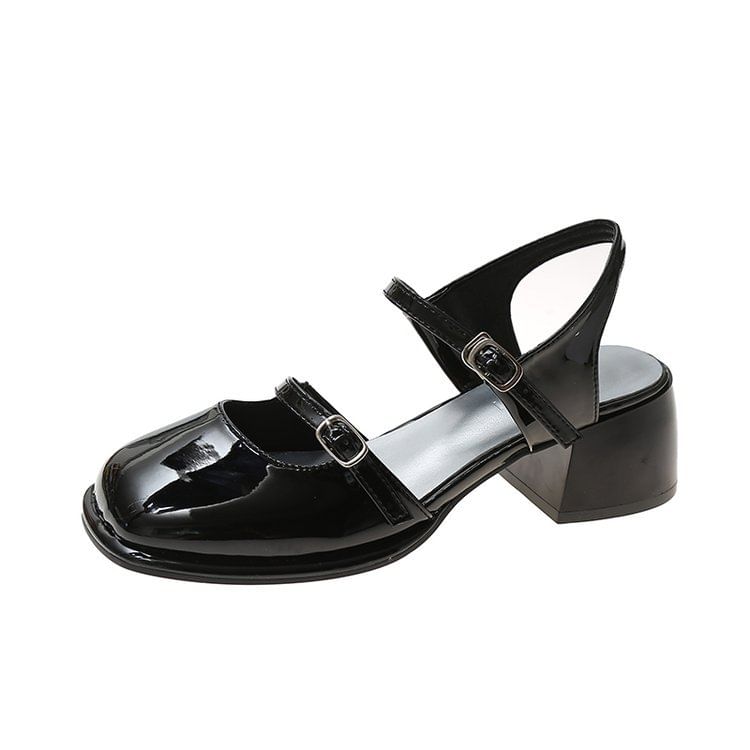 Slingback Block Toe Square Leather Heel Mary Patent Jane Pumps D'Orsay