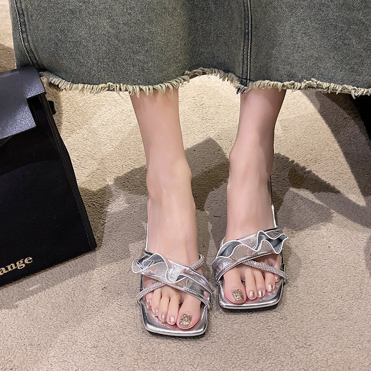Ruffle Slide Sandals Low Heel