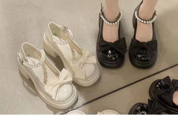 Platform Block Jane Heel Bow Shoes Mary