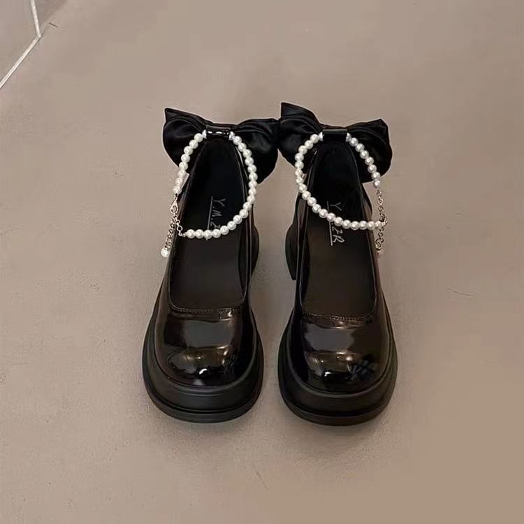 Block Plain Heel Pumps Mary Jane Bow