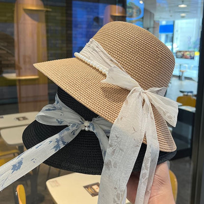 Faux Hat Straw Bucket Pearl Bow
