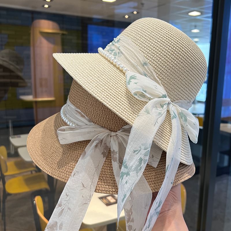 Faux Hat Straw Bucket Pearl Bow