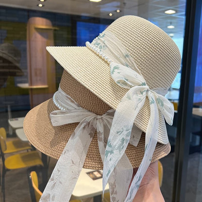 Faux Hat Straw Bucket Pearl Bow