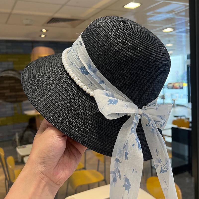 Faux Hat Straw Bucket Pearl Bow