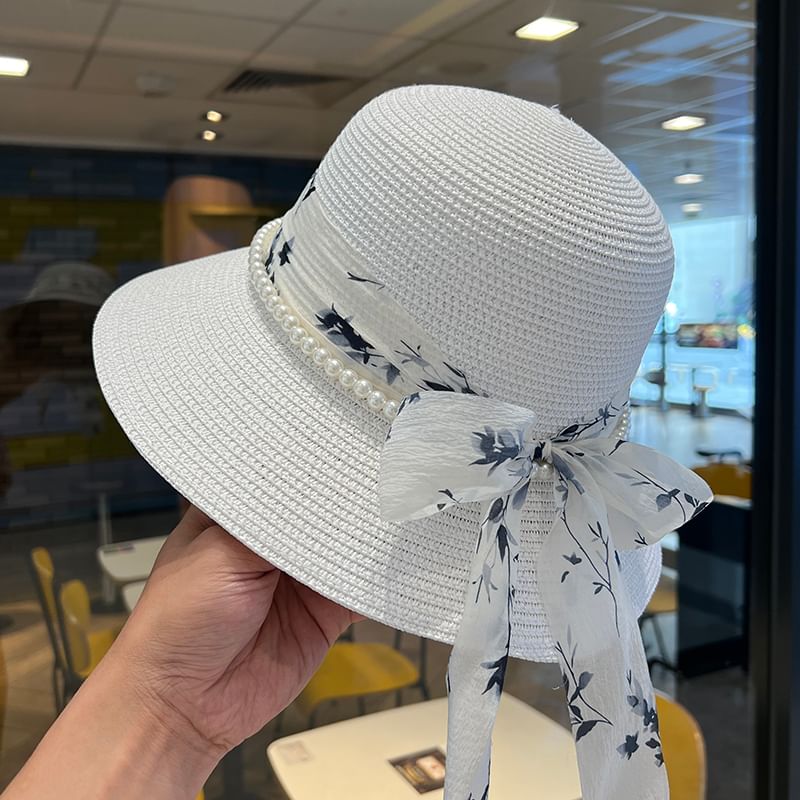 Faux Hat Straw Bucket Pearl Bow