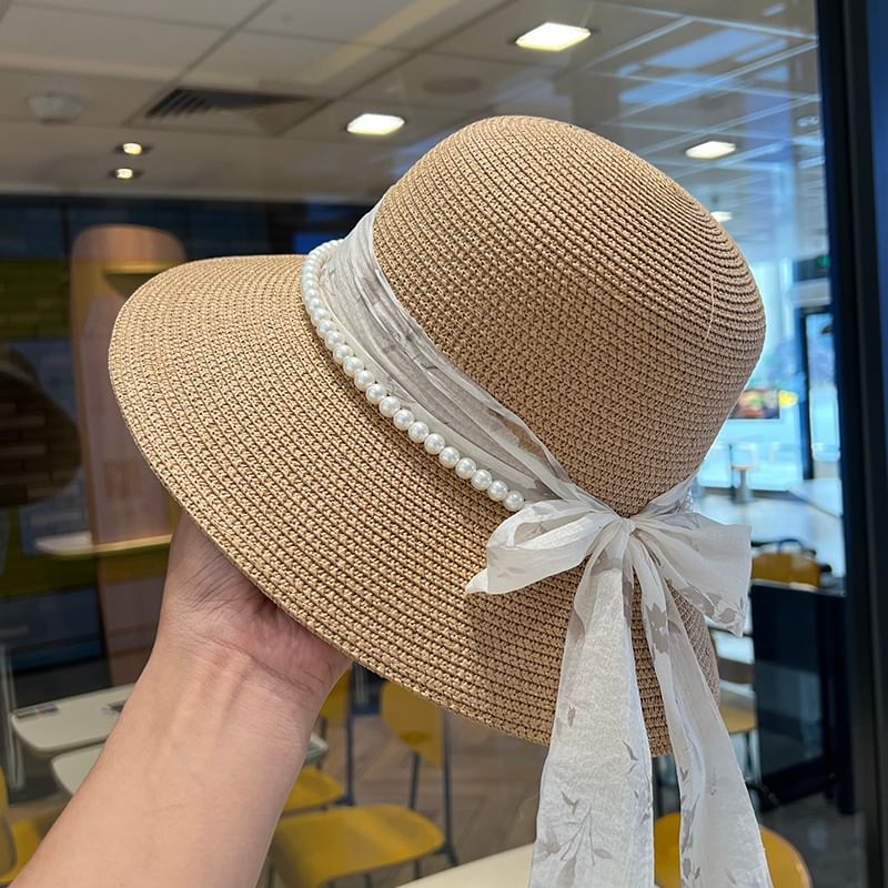 Faux Hat Straw Bucket Pearl Bow