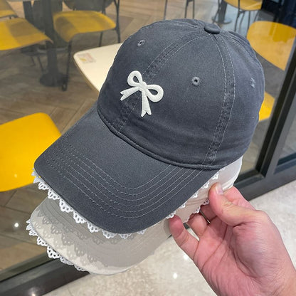 Lace Cap Trim Embroidered Bow Baseball