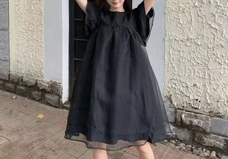 Smock Panel Dress Short-Sleeve Plain Mesh