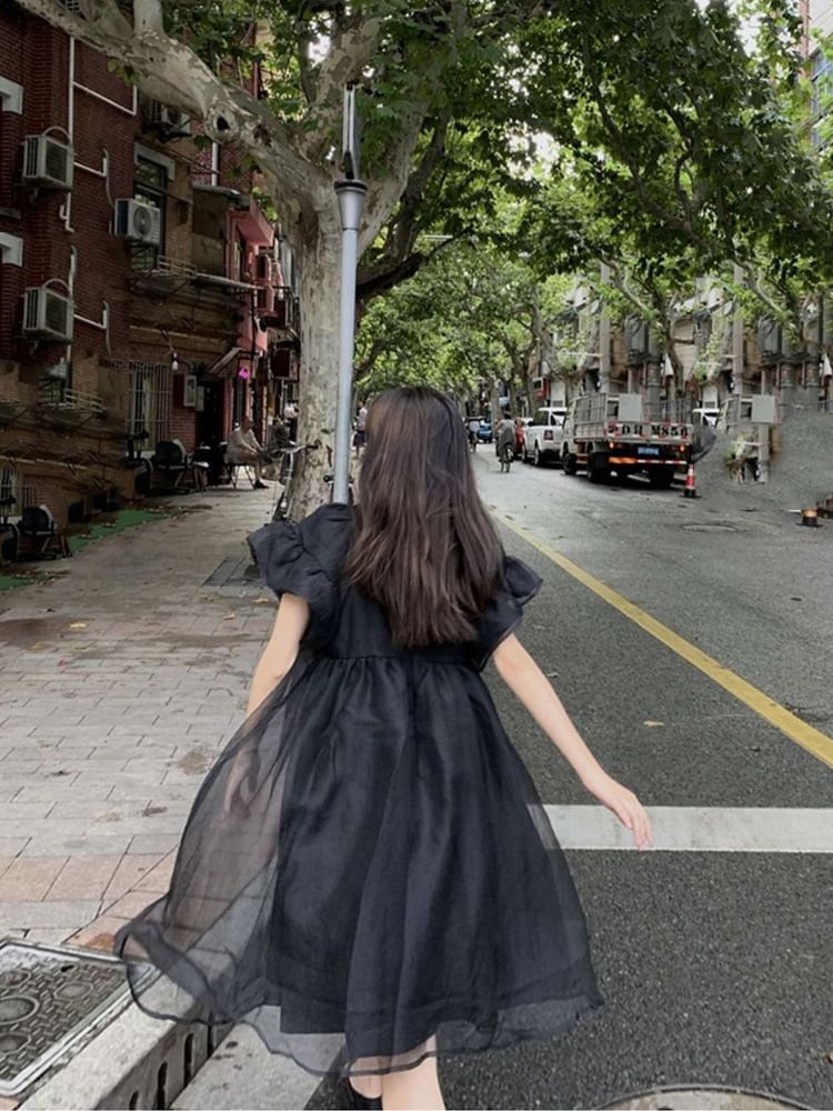 Smock Panel Dress Short-Sleeve Plain Mesh