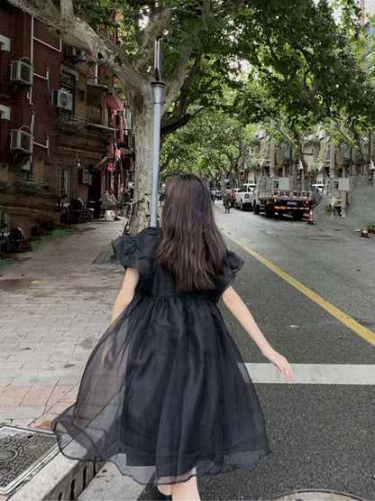 Smock Panel Dress Short-Sleeve Plain Mesh