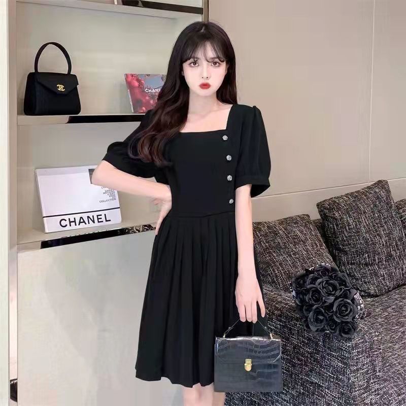 Neck Dress Puff-Sleeve Plain Square A-Line