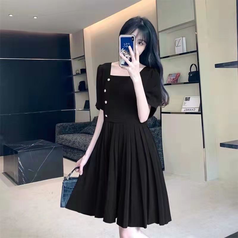 Neck Dress Puff-Sleeve Plain Square A-Line