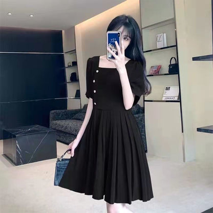 Neck Dress Puff-Sleeve Plain Square A-Line