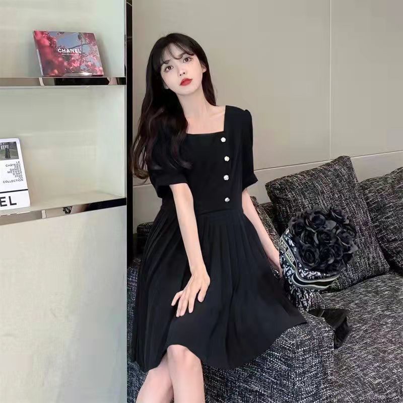 Neck Dress Puff-Sleeve Plain Square A-Line