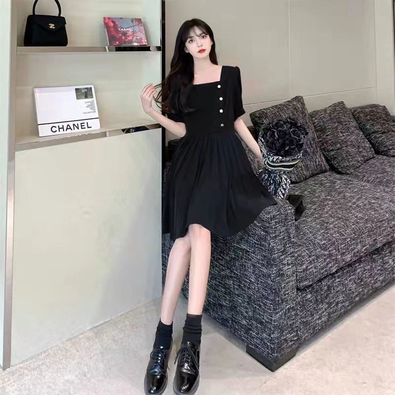 Neck Dress Puff-Sleeve Plain Square A-Line