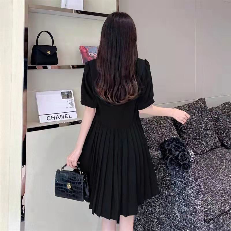 Neck Dress Puff-Sleeve Plain Square A-Line