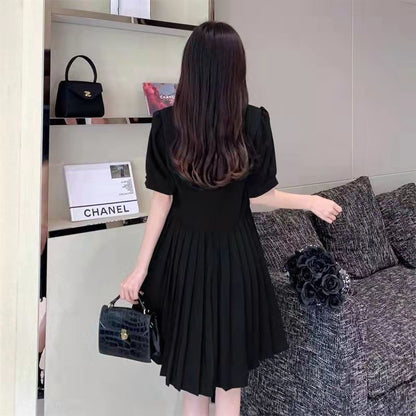 Neck Dress Puff-Sleeve Plain Square A-Line