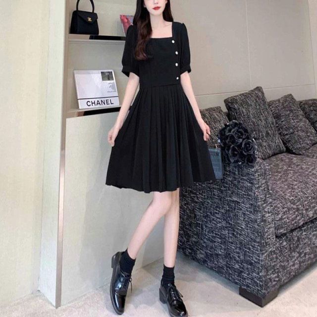 Neck Dress Puff-Sleeve Plain Square A-Line