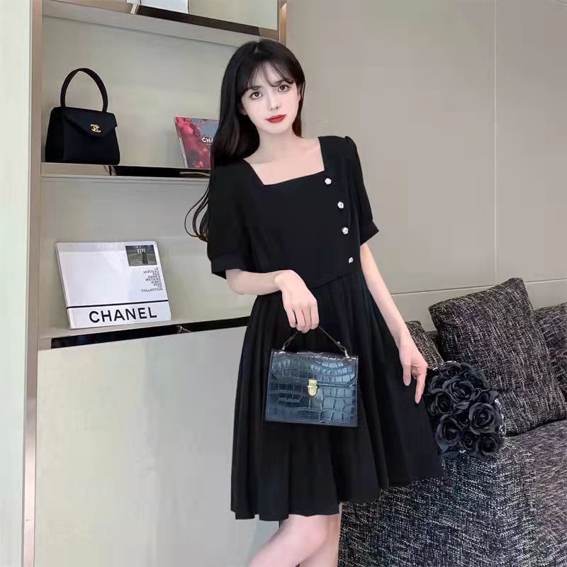 Neck Dress Puff-Sleeve Plain Square A-Line