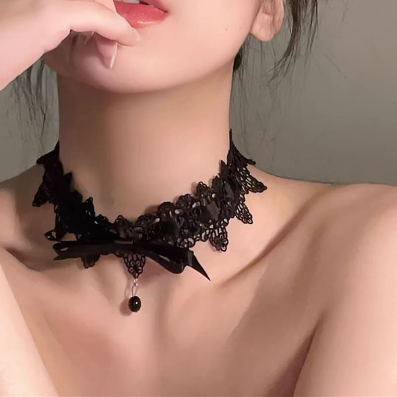 Pendant Bead Choker Bow Lace